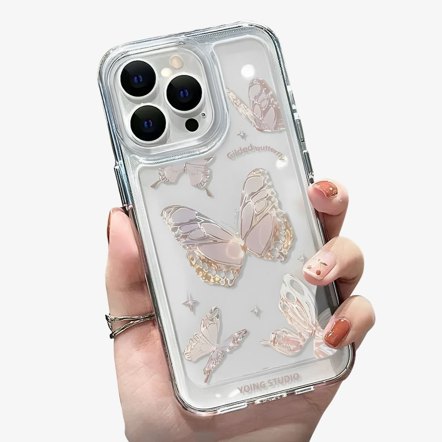 Coque transparente iPhone papillons roses