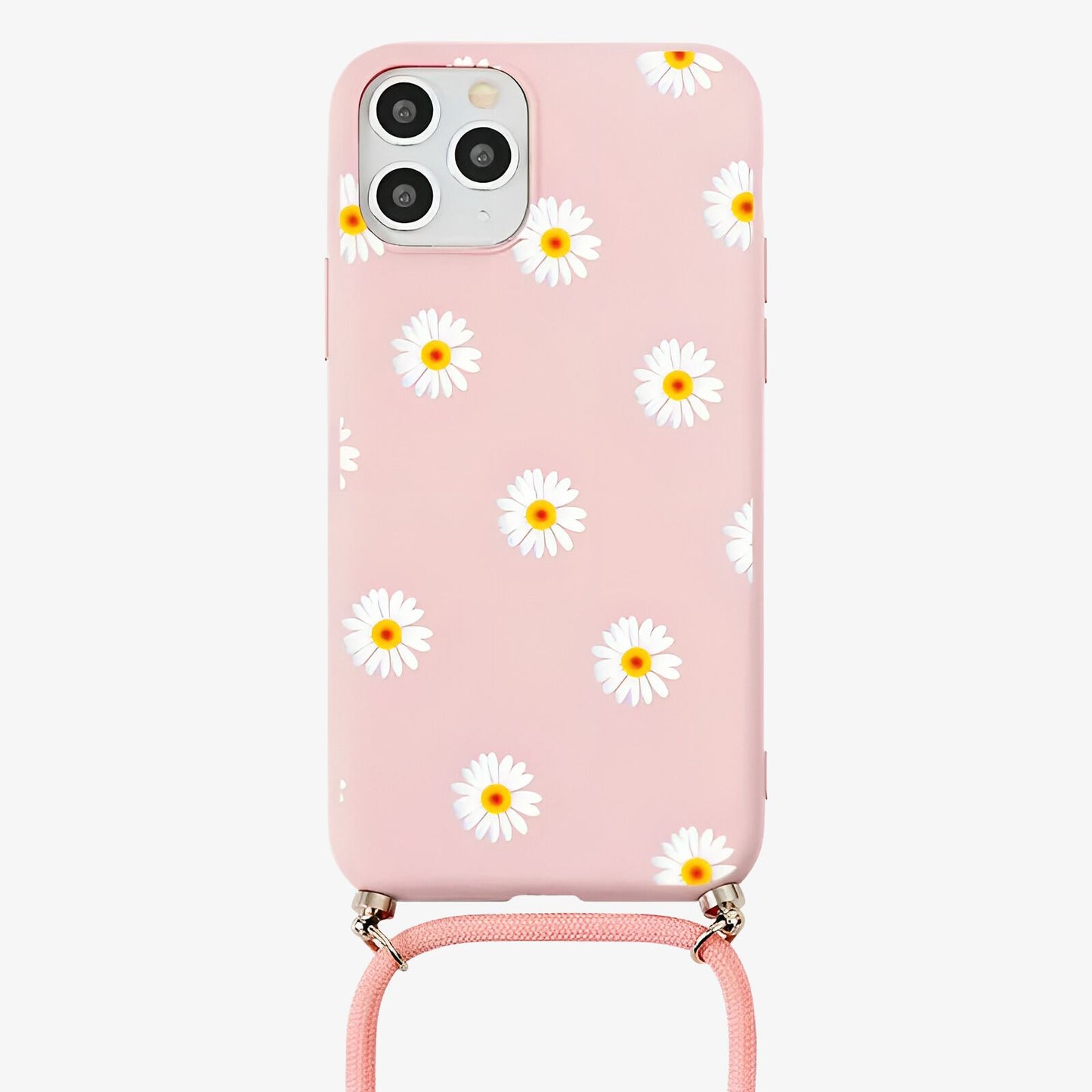 Coque iPhone imprimé marguerite avec cordon rose