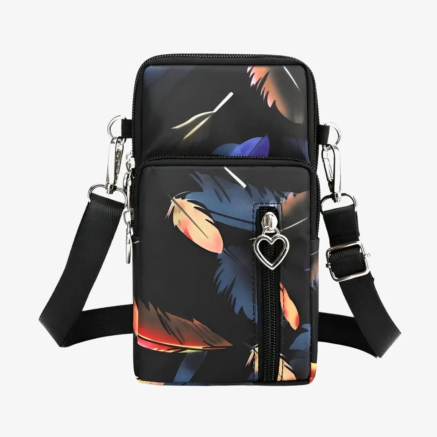 Sacoche porte téléphone bandoulière en toile canvas imprimé plumes