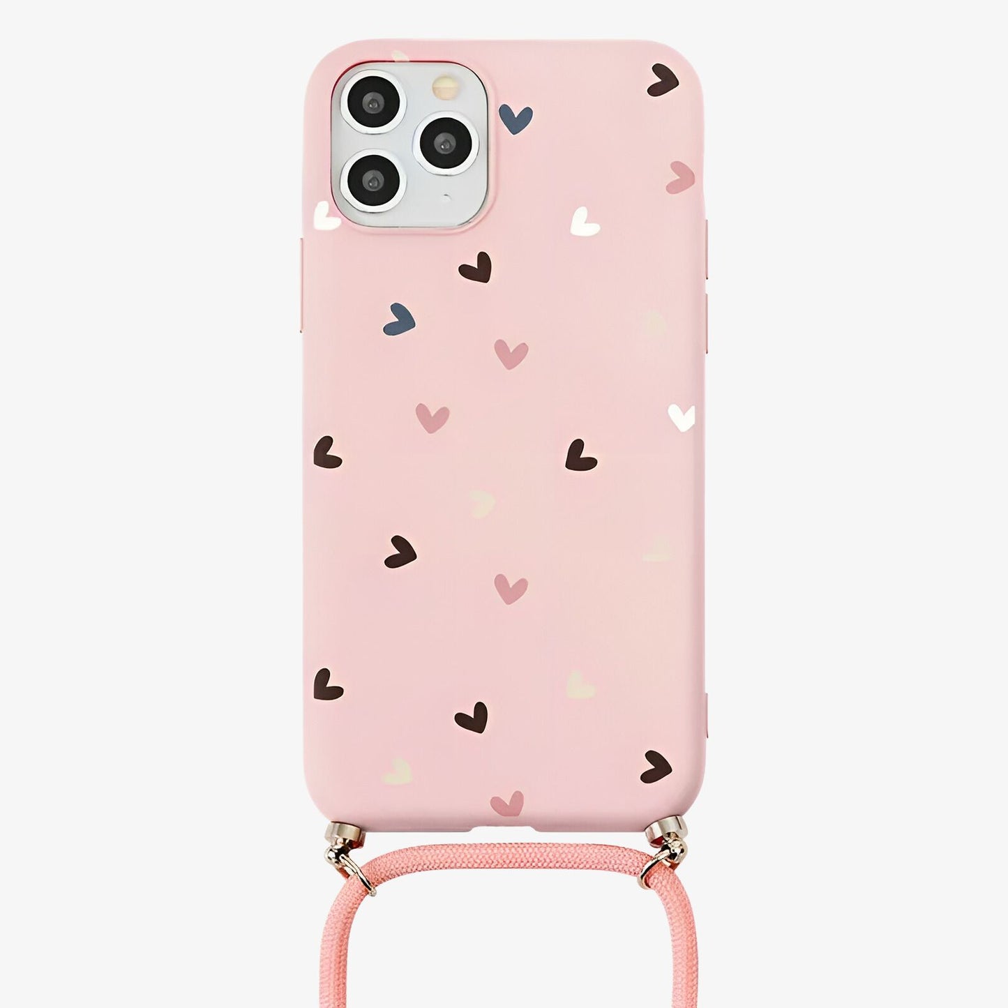 Coque iPhone imprimé coeur avec cordon rose