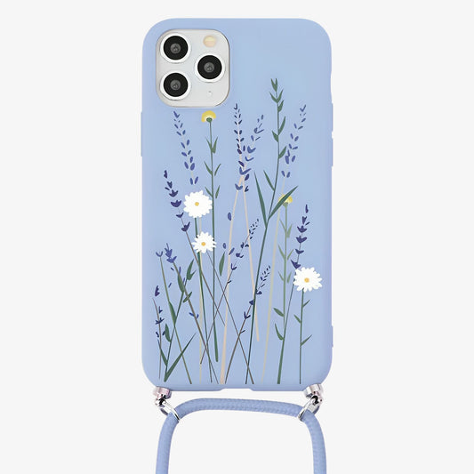 Coque iPhone imprimé fleurs avec cordon bleu