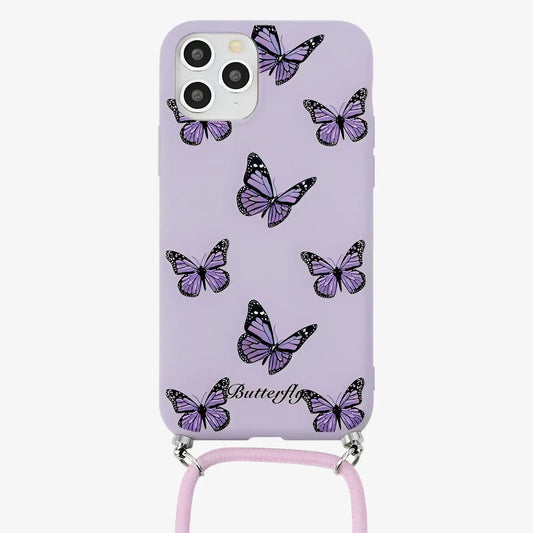 Coque iPhone imprimé papillon avec cordon violet