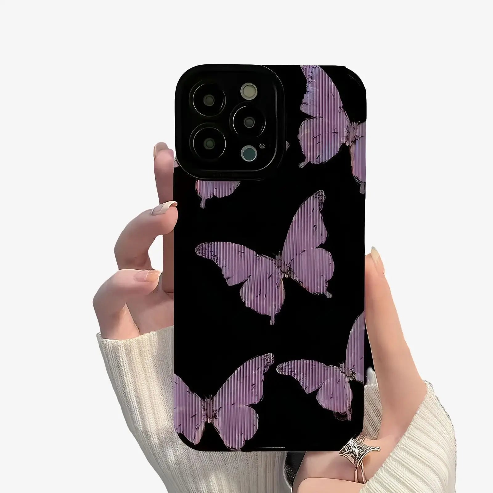Coque iPhone noire avec papillon violet