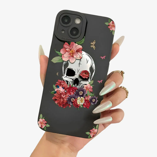 Coque iPhone tête de mort et fleurs