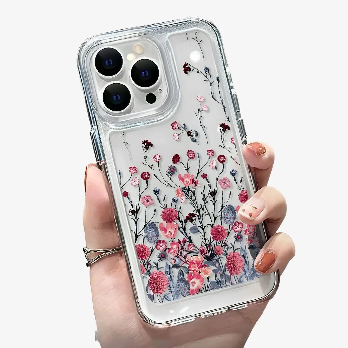 Coque transparente iPhone fleurs roses